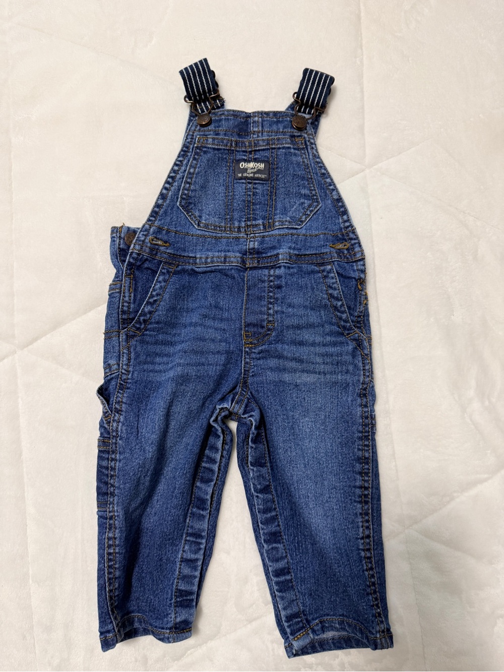 OshKosh Dark Blue Denim Toddler Overalls with Striped Straps Size 12 months